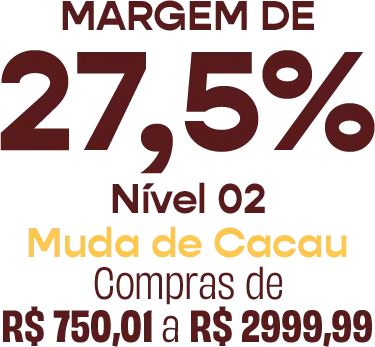 Nível 02, Muda de Cacau: margem de 27,5%, compras de R$ 750,01 a R$ 1.500,00